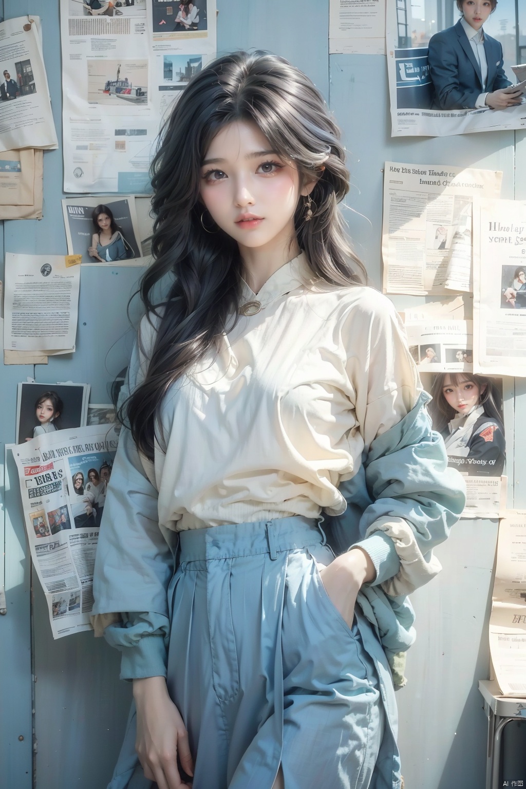  1girl, solo, long hair, looking at viewer, skirt, shirt, standing, jacket, blue shirt, light blue hair, newspaper, newspaper wall, lips, wall, gray wall, newspaper are covered with walls, put one hand in pocket, body close to the wall, sleeves past wrists, grey eyes, red lips, mjuanlian, (/qingning/), (\ji jian\), (/qingning/), babata, (\shen ming shao nv\), mtianmei