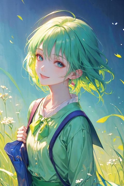 a woman in a green skirt, short hair, light green hair, earring, fluffy hair, black tie, smile, lovely fave, beautiful anime portrait, palace, carrying a schoolbag, digital anime illustration, beautiful anime style, a beautiful fantasy young girl, anime illustration, anime fantasy illustration, beautiful character painting, trending on artstration,（\personality\）, babata