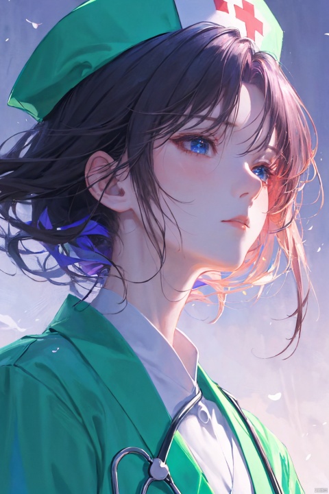 a woman in a nurse uniform, blue green nurse suit, short black hair, innocent expression, blue nurse hat, beautiful anime portrait, digital anime illustration, beautiful anime style, fantasy medical worker, anime illustration, anime fantasy illustration, beautiful character painting, trending on artstration,（\personality\）, (/qingning/), (\MBTI\)