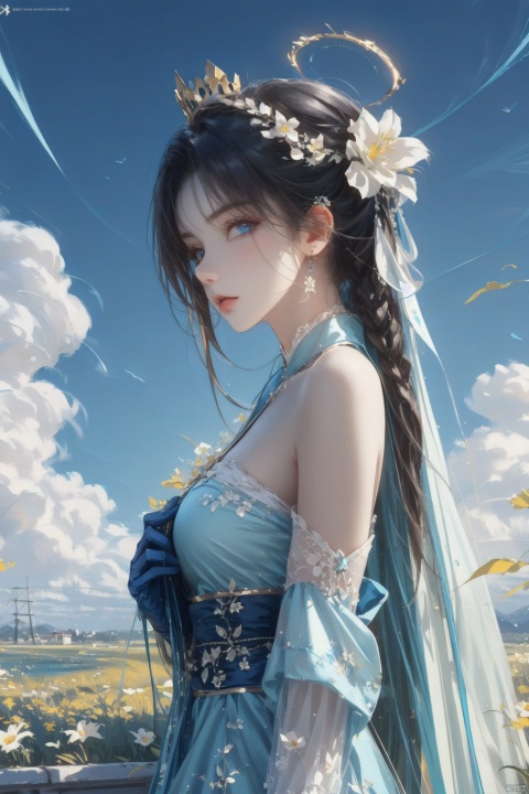  1girl, solo, frankenstein's monster \(fate\), dress, gloves, blue eyes, white gloves, long hair, blue dress, veil, elbow gloves, sky, flower, bare shoulders, cloud, holding, hand on own chest, profile, from side, headgear, hair ornament, looking at viewer, dusk, warm sky, hair flower, electricity, detached sleeves, standing, xxhanfu halo cyber phoenix crown, (\MBTI\), (/qingning/), （\personality\）