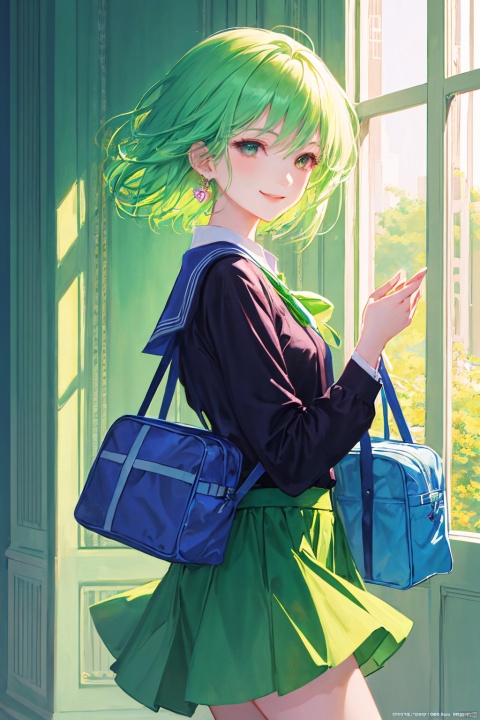 a girl in a green skirt, short hair, light green hair, earring, fluffy hair, black tie, smile, lovely fave, beautiful anime portrait, palace, carrying a schoolbag, digital anime illustration, beautiful anime style, a beautiful fantasy young girl, anime illustration, anime fantasy illustration, beautiful character painting, trending on artstration,（\personality\）