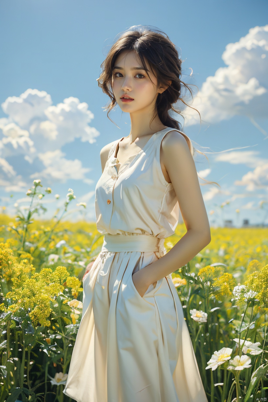  A elegant woman in a white suit with black short hair, standing in a field of blooming rapeseed flowers against a backdrop of red sky and white clouds, gentle breeze blowing, causing her clothes corner and hair to flutter slightly, high quality full HD picture, art painting by famous artist., Light master, ((poakl)), (\meng ze\), xiqing, (/qingning/), babata, mtianmei, (\MBTI\)