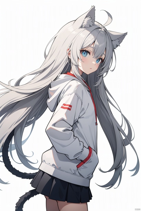  payot,(long_hair),cat_ears,tail,flat_chest,cat girl,((ahoge)),slit pupils,((grey hair)),blue eyes,loli,white_hoodie,(white_background),(from side),(standing),