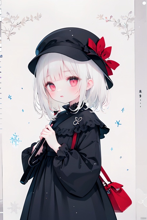 Snow-white hair, bright red eyes, exquisitely crafted nose, cute little mouth like cherries, dressed in a black dress, wearing a black hat, holding a black umbrella, standing in the drizzle, eyes revealing a touch of melancholy
