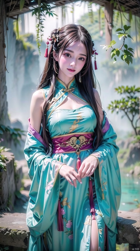  (Masterpiece, best quality: 1.5), surreal, 1 girl, long hair, straight hair, portrait, mysterious forest, sweet smiling girl, exquisitely decorated cheongsam, medium chest, exquisite and realistic details, magical tower background, mysterious fantasy world, colorful and colorful, gufengsw001