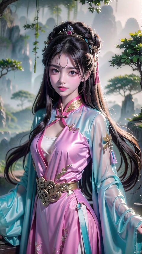  (Masterpiece, best quality: 1.5), surreal, 1 girl, long hair, straight hair, portrait, mysterious forest, sweet smiling girl, exquisitely decorated cheongsam, medium chest, exquisite and realistic details, magical tower background, mysterious fantasy world, colorful and colorful, gufengsw001