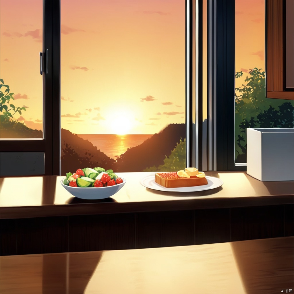  masterpiece, 1 girl, Look at me, (\wen xin cha hua\), window, scenery, sunset, kitchen,