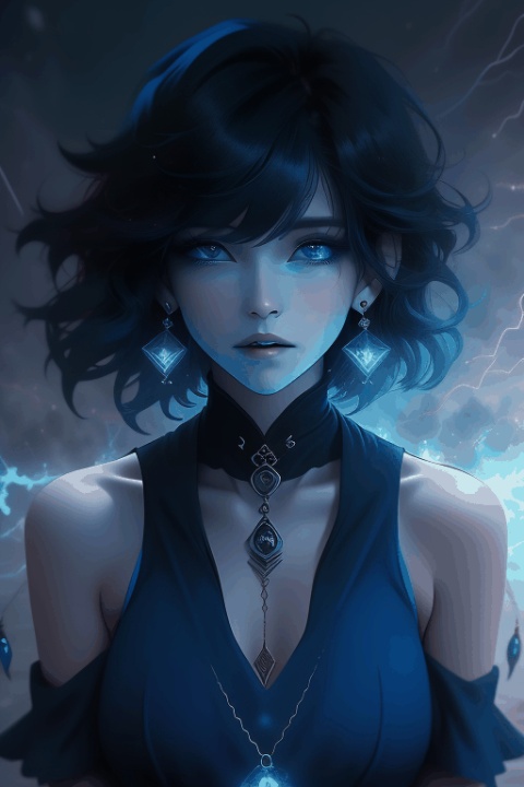  1girl,Bangs, off shoulder, black hair, blue dress, blue eyes, chest, earrings, dress, earrings, floating hair, jewelry, sleeveless, short hair,Looking at the observer, parted lips, pierced,energy,electricity,magic, qzfp