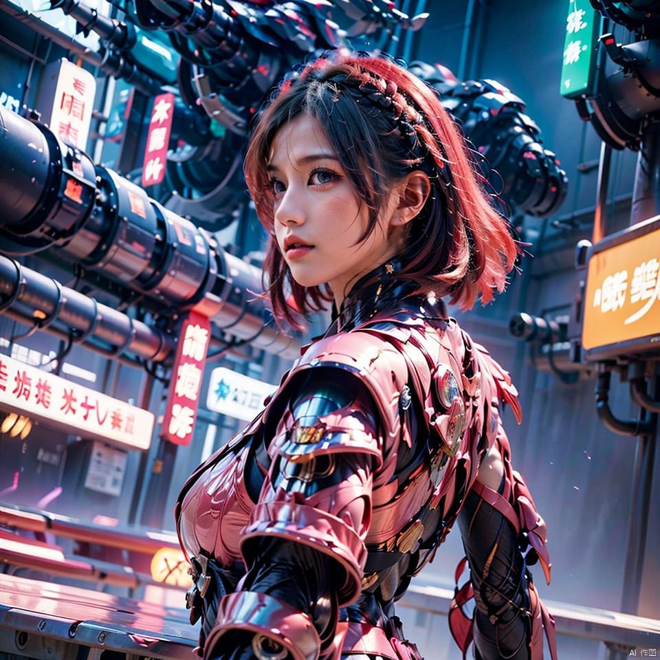  1girl, parted lips, hair blowing in wind, open hand, machinery, Mecha, science fiction, machinery armor, Metallic luster, electroplated, clothes sign, Mars, spaceship, floating cannon, hexagon, (from below:1.2), glow, backlighting, (background blur:1.2), cinematic lighting, Low illumination, VHS-style, (masterpiece:1.3), (best quality:1.1), intricate detailed, (Hyperrealistic:1.1), (realistic details:1.1), highly detailed, (the text on the cover should be bold and attention-grabbing, with the title of the magazine and a catchy headline:1.4), , ,Super perspective,wide shot. Dynamic pose, fighting_stance.,wide shot, Super perspective