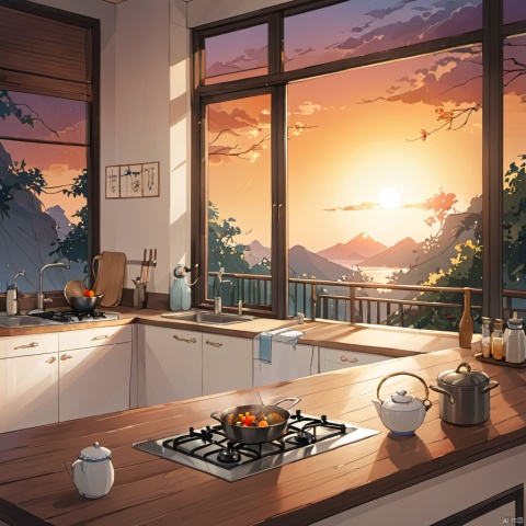  masterpiece, 1 girl, Look at me, (\wen xin cha hua\), window, scenery, sunset, kitchen, jijianchahua