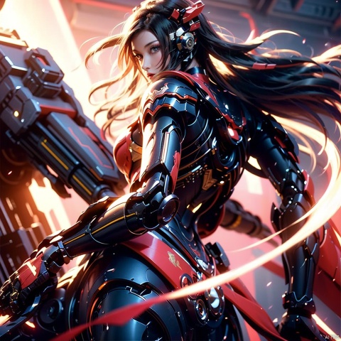  1girl, parted lips, hair blowing in wind, open hand, machinery, Mecha, science fiction, machinery armor, Metallic luster, electroplated, clothes sign, Mars, spaceship, floating cannon, hexagon, (from below:1.2), glow, backlighting, (background blur:1.2), cinematic lighting, Low illumination, VHS-style, (masterpiece:1.3), (best quality:1.1), intricate detailed, (Hyperrealistic:1.1), (realistic details:1.1), highly detailed, (the text on the cover should be bold and attention-grabbing, with the title of the magazine and a catchy headline:1.4), , ,Super perspective,wide shot. Dynamic pose, fighting_stance.,wide shot