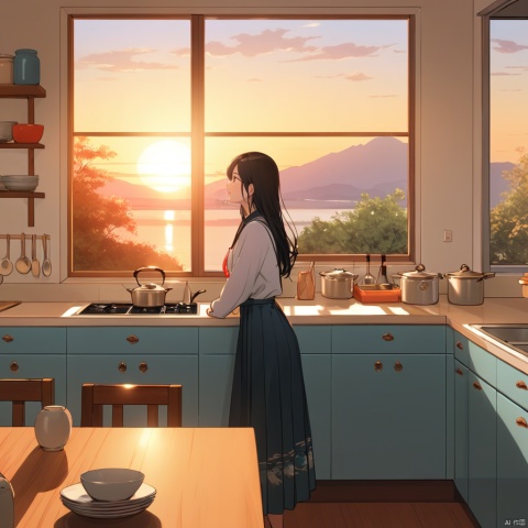  masterpiece, 1 girl, Look at me, (\wen xin cha hua\), window, scenery, sunset, kitchen,