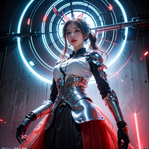  1girl, parted lips, hair blowing in wind, open hand, machinery, Mecha, science fiction, machinery armor, Metallic luster, electroplated, clothes sign, Mars, spaceship, floating cannon, hexagon, (from below:1.2), glow, backlighting, (background blur:1.2), cinematic lighting, Low illumination, VHS-style, (masterpiece:1.3), (best quality:1.1), intricate detailed, (Hyperrealistic:1.1), (realistic details:1.1), highly detailed, (the text on the cover should be bold and attention-grabbing, with the title of the magazine and a catchy headline:1.4), , ,Super perspective,wide shot. Dynamic pose, fighting_stance.,wide shot, Super perspective, Gauze Skirt, dopamine