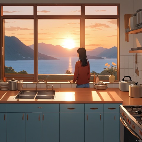  masterpiece, 1 girl, Look at me, (\wen xin cha hua\), window, scenery, sunset, kitchen,