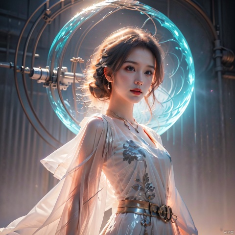  1girl, parted lips, hair blowing in wind, open hand, machinery, Mecha, science fiction, machinery armor, Metallic luster, electroplated, clothes sign, Mars, spaceship, floating cannon, hexagon, (from below:1.2), glow, backlighting, (background blur:1.2), cinematic lighting, Low illumination, VHS-style, (masterpiece:1.3), (best quality:1.1), intricate detailed, (Hyperrealistic:1.1), (realistic details:1.1), highly detailed, (the text on the cover should be bold and attention-grabbing, with the title of the magazine and a catchy headline:1.4), , ,Super perspective,wide shot. Dynamic pose, fighting_stance.,wide shot, Super perspective, Gauze Skirt, dopamine