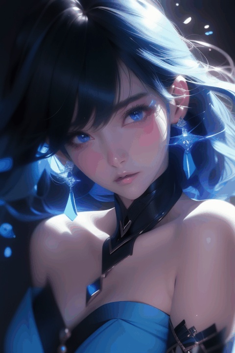  1girl,Bangs, off shoulder, black hair, blue dress, blue eyes, chest, earrings, dress, earrings, floating hair, jewelry, sleeveless, short hair,Looking at the observer, parted lips, pierced,energy,electricity,magic, qzfp, Angel