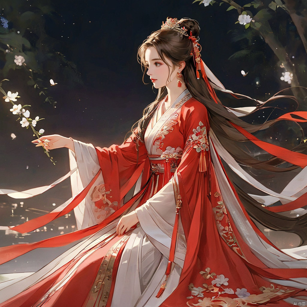  (masterpiece, top quality, best quality, official art, beautiful and aesthetic:1.2),gf-hd, 1girl, solo, hair ornament, jewelry, dress, red dress, earrings, chinese clothes, brown hair, ribbon, hanfu, red ribbon, shawl, (\shen ming shao nv\), chengqiang