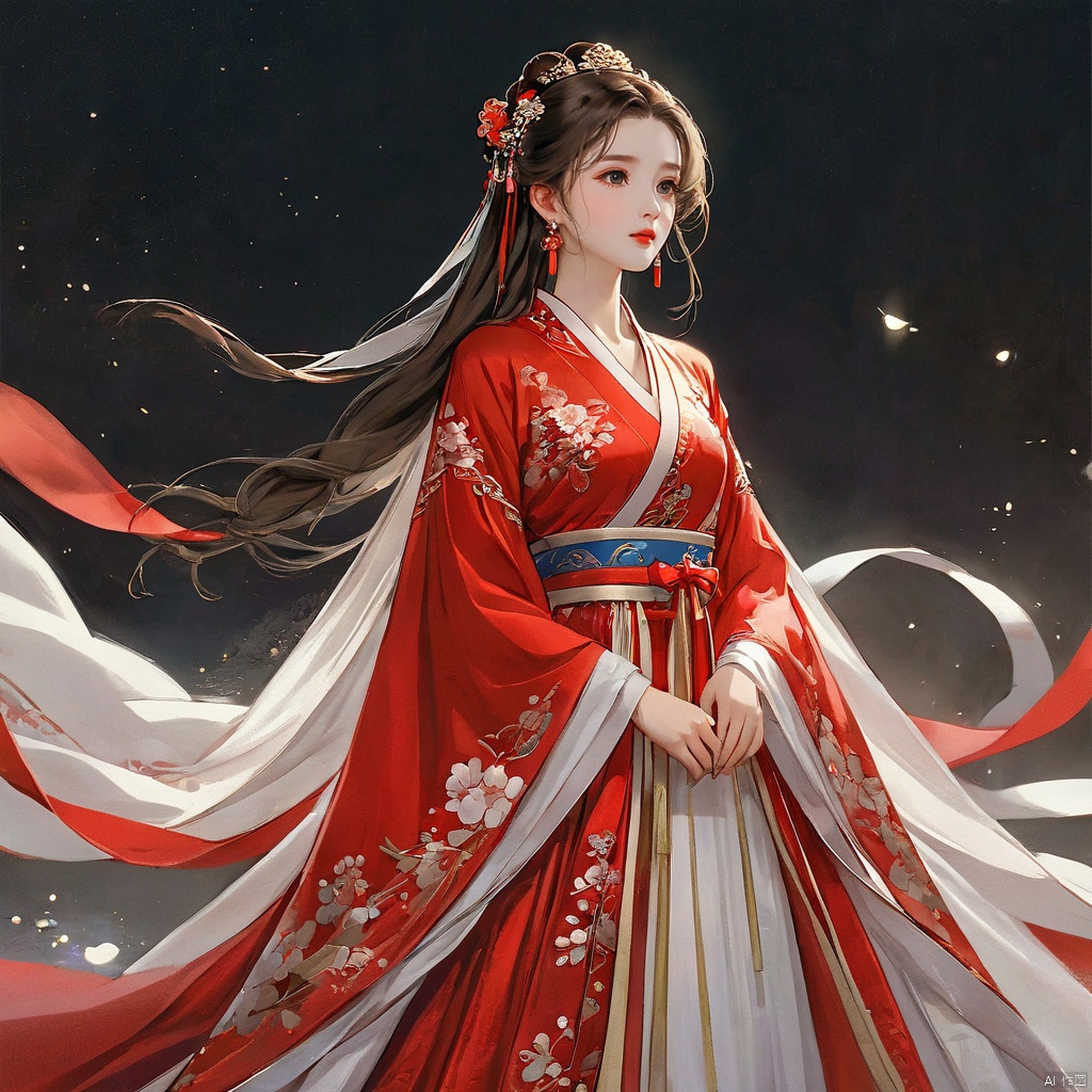  (masterpiece, top quality, best quality, official art, beautiful and aesthetic:1.2),gf-hd, 1girl, solo, hair ornament, jewelry, dress, red dress, earrings, chinese clothes, brown hair, ribbon, hanfu, red ribbon, shawl, (\shen ming shao nv\), chengqiang