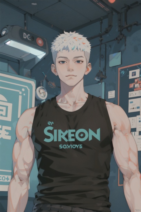 fisheye, (smirk:0.7),  cut-off tank tops, streamer bedroom, ((neon lights)), realistic, highly detailed, realistic eyes, intricate details, detailed background, depth of field, (muscular), (large pectorals), sboe, 1boy