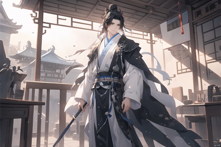  masterpiece, best quality, masterpiece,best quality,official art,extremely detailed CG unity 8k wallpaper, 
Chinese-style architecture ,inside,1 man,manly,black hair, pure white clothes, hanfu,simple bun,standing,look at viewer ,half body