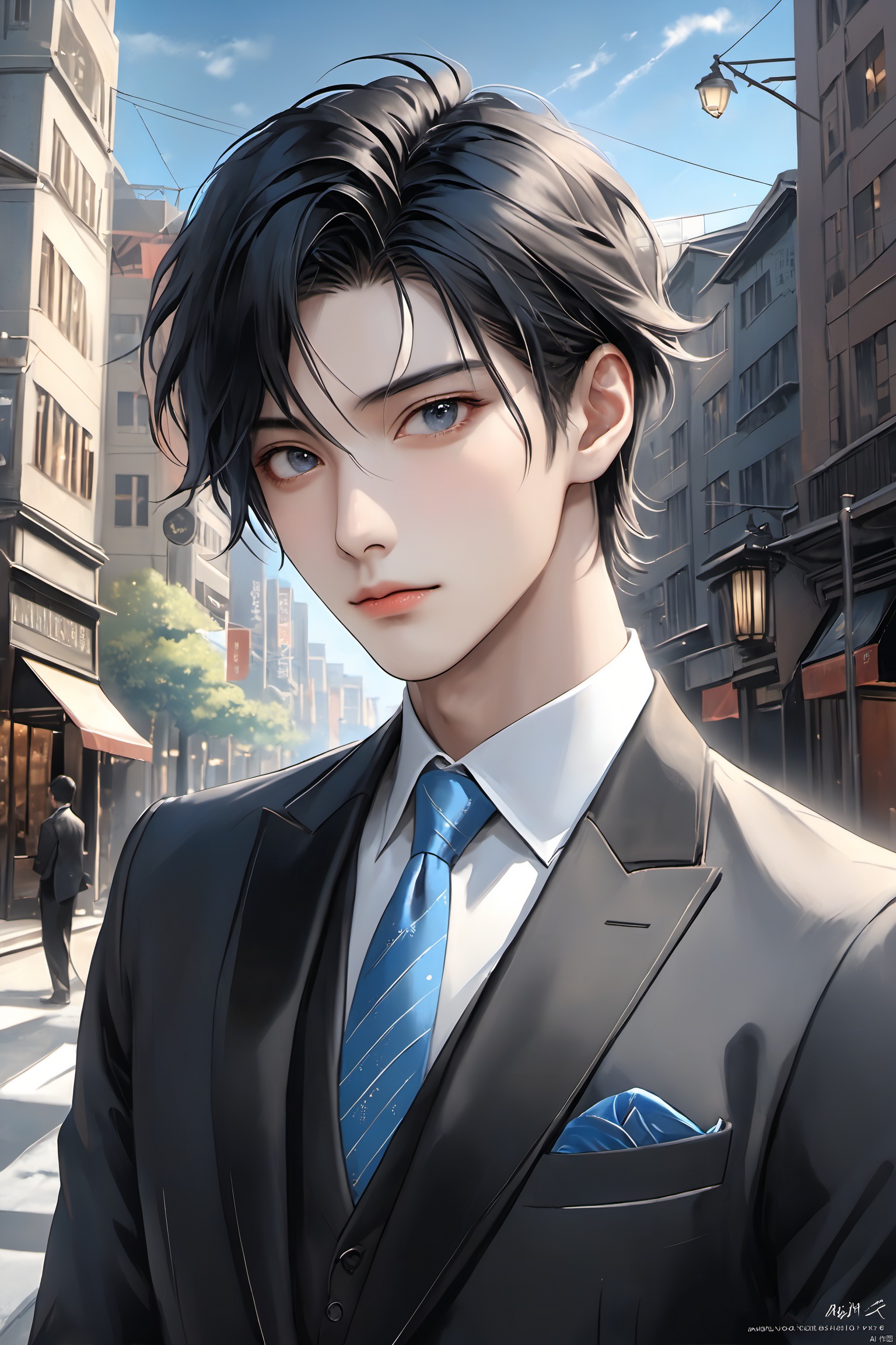 
 Asian boy, 26 years old,black hair with a pinch of blue,Grey eyes,black suit,manly,
skyscrape background,bussiness street,
artist Sargent's color, realistic facial features, beautiful lighting, extremely beautiful facial details and delicate eyes, clear and three-dimensional facial features, 32K, niji style,ghibli style, Anime style, cool feeling, high-end photos,