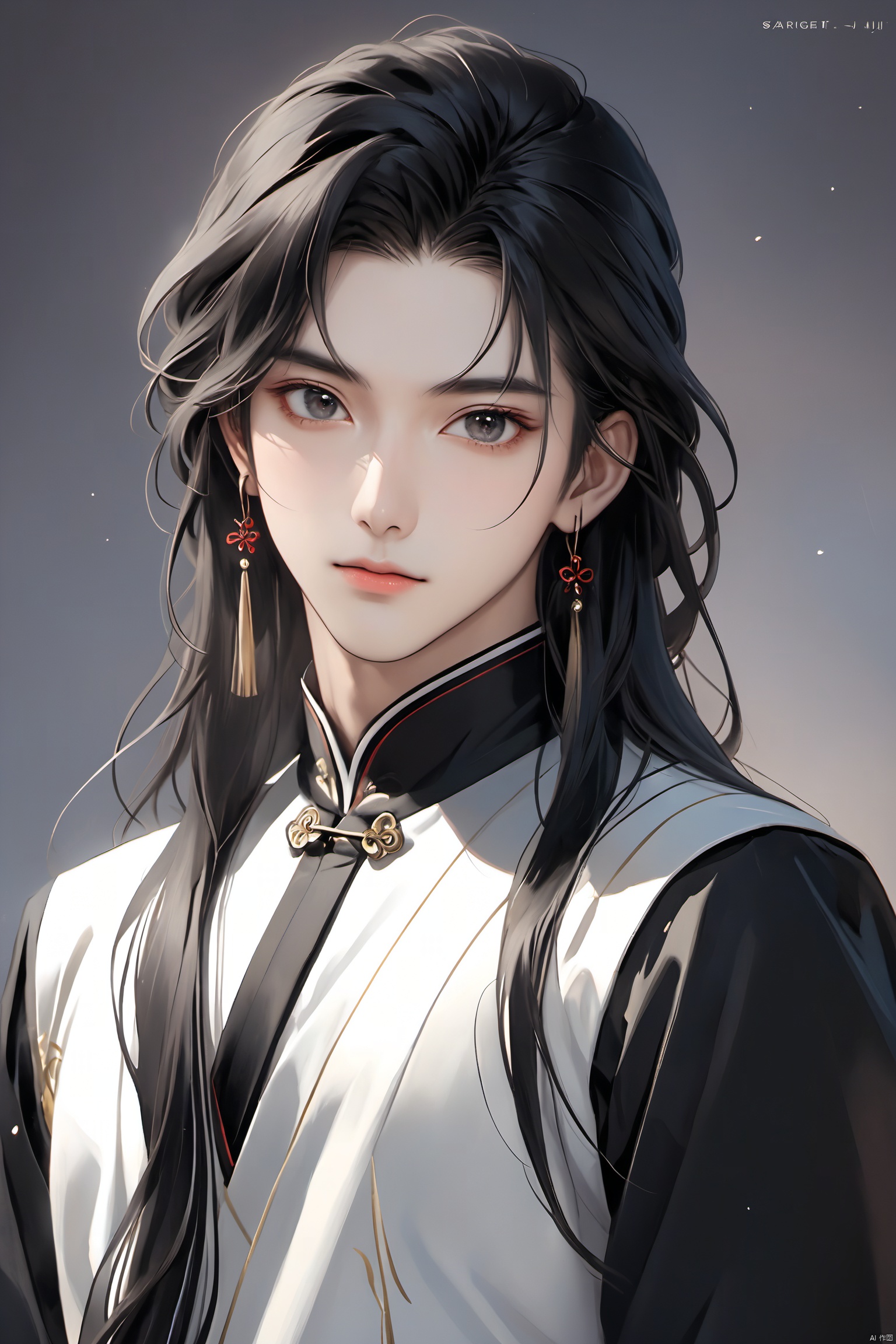  
 Asian boy, 26 years old,manly,Long hair,black hair, black eyes, Chinese dress

artist Sargent's color, realistic facial features, beautiful lighting, extremely beautiful facial details and delicate eyes, clear and three-dimensional facial features, 32K, niji style,ghibli style, Anime style, cool feeling, high-end photos,