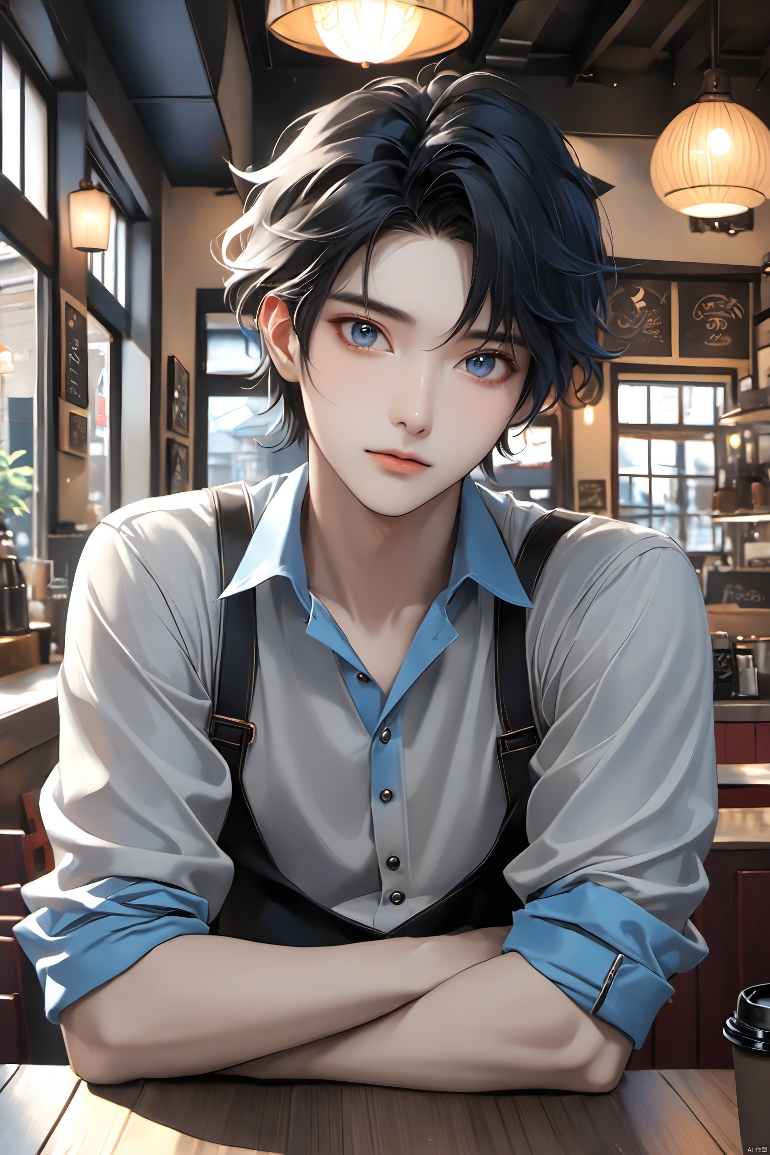 Anime style,  cool feeling, high-end photos,
 Asian boy, black hair with a pinch of blue,Grey eyes,
Coffee shop background,
artist Sargent's color, realistic facial features, beautiful lighting, extremely beautiful facial details and delicate eyes, clear and three-dimensional facial features, 32K, niji style,ghibli style,