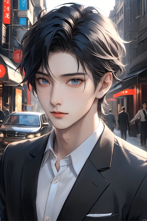 
 Asian boy, 26 years old,black hair with a pinch of blue,Grey eyes,black suit,manly,
skyscrape background,bussiness street,
artist Sargent's color, realistic facial features, beautiful lighting, extremely beautiful facial details and delicate eyes, clear and three-dimensional facial features, 32K, niji style,ghibli style, Anime style, cool feeling, high-end photos,