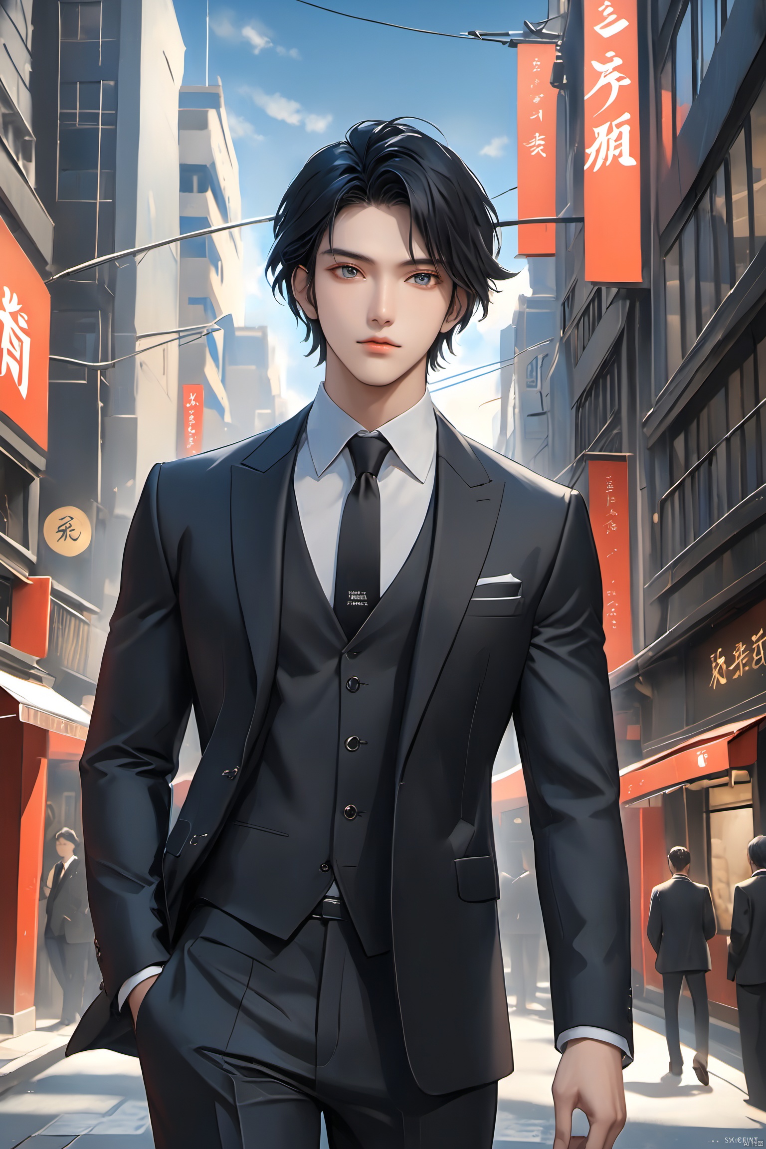 
 Asian boy, 26 years old,black hair with a pinch of blue,Grey eyes,black suit,manly,
skyscrape background,bussiness street,
artist Sargent's color, realistic facial features, beautiful lighting, extremely beautiful facial details and delicate eyes, clear and three-dimensional facial features, 32K, niji style,ghibli style, Anime style, cool feeling, high-end photos,