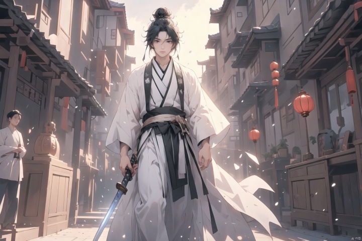  masterpiece, best quality, masterpiece,best quality,official art,extremely detailed CG unity 8k wallpaper, 
Chinese-style architecture ,inside,1 man,manly,black hair, pure white clothes, hanfu,simple bun,standing,look at viewer ,half body,holding sword