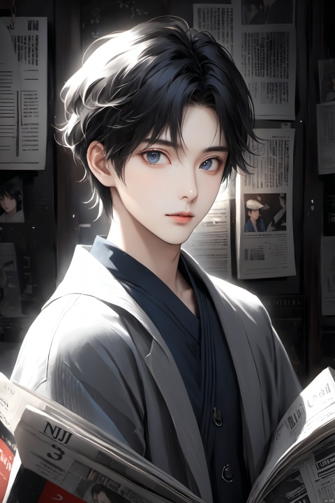 Anime style,  cool feeling, high-end photos,
 Asian boy, black hair with a pinch of blue,Grey eyes,
artist Sargent's color, realistic facial features, beautiful lighting, extremely beautiful facial details and delicate eyes, clear and three-dimensional facial features, 32K, niji style,ghibli style,Newspaper background