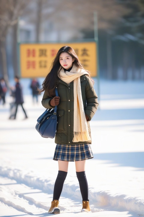  1girl,long hair, Winter clothing, college style,plaid skirt,full body,thick coat, cotton-padded jacket, plaid scarf, on the way home, snow, snow,outdoor,Master lens, golden ratio composition, (Canon 200mm f2.8L) shooting, large aperture, background blur., chinese woman,sunlight.