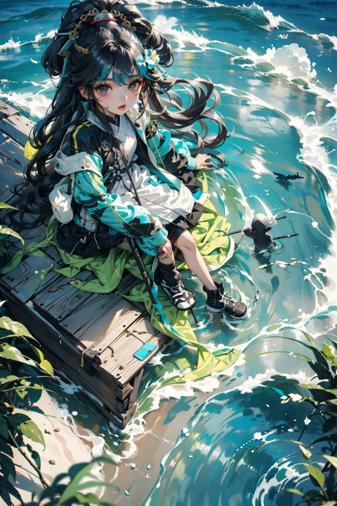  loli,chibi, nai3, long hair, solo,black hair, jacket,, looking at viewer, outdoors,open clothes, full body, transparent jacket, sky,coconut trees,day, open jacket, parted lips, seaside,camping,bonfire,from above, (/qingning/), (\MBTI\), (\ji jian\)