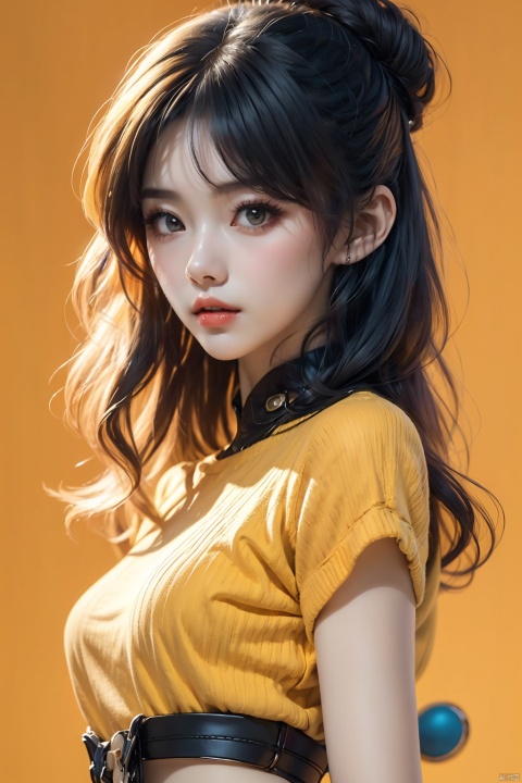  illustrator, anime, realistic, 1girl, lip, Sweater, order, Yellow gradient background, Neon hair, Textured crop, Canadian, (masterpiece, best quality), (\meng ze\),Punk, (/qingning/), (\MBTI\), babata