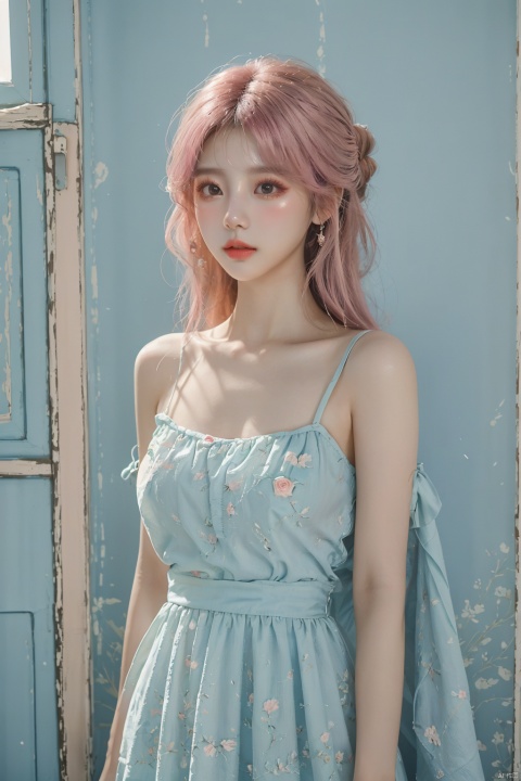  masterpiece,1 girl,22 years old,Look at me,Exquisite makeup,Pink hair.,Long hair,blue dress,Wipe the chest,Indoor,Exquisite decoration,Bright light,Stand,In the middle of the picture,Whole body,Plenty of roses,textured skin,super detail,best quality,Future City,FilmGirl,blue and white porcelain, (/qingning/), (\MBTI\), babata, jiqing