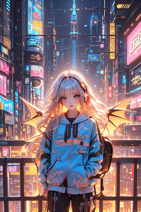  Dreampolis, hyper-detailed digital illustration, cyberpunk, single girl with techsuite hoodie and headphones in the street, neon lights, lighting bar, city, cyberpunk city, film still, backpack, in megapolis, pro-lighting, high-res, masterpiece, (/qingning/), (\MBTI\), (\shen ming shao nv\),wings