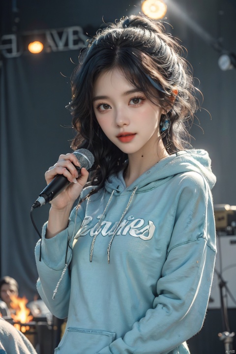  Masterpiece,highest quality,realistic,very fine and fine details,high resolution,8K,
hubg\(haixiaoqiong)\, 1girl, smile,blue hair,hair flower, 
(rock music, microphone, Hoodies, bonfires, stage, lights:1.3), HUBG_Film_Texture, HUBG_Rococo_Style(loanword), (/qingning/), (\MBTI\), babata