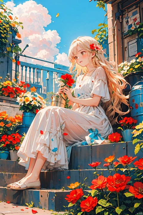  1girl, apple, blonde_hair, blood, book, bouquet, building, camellia, castle, cloud, cross, defloration, dress, falling_petals, flower, hibiscus, holding_flower, leaf, long_hair, orange_flower, outdoors, petals, pink_rose, plant, red_flower, red_rose, rose, rose_petals, sitting, sky, spider_lily, stairs, strawberry, thorns, tombstone, tower, tulip, vase, vines, watering_can, wind, (/qingning/)