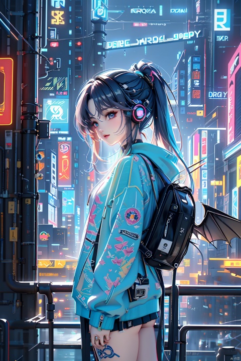  Dreampolis, hyper-detailed digital illustration, cyberpunk, single girl with techsuite hoodie and headphones in the street, neon lights, lighting bar, city, cyberpunk city, film still, backpack, in megapolis, pro-lighting, high-res, masterpiece, (/qingning/), (\MBTI\), (\shen ming shao nv\),wings