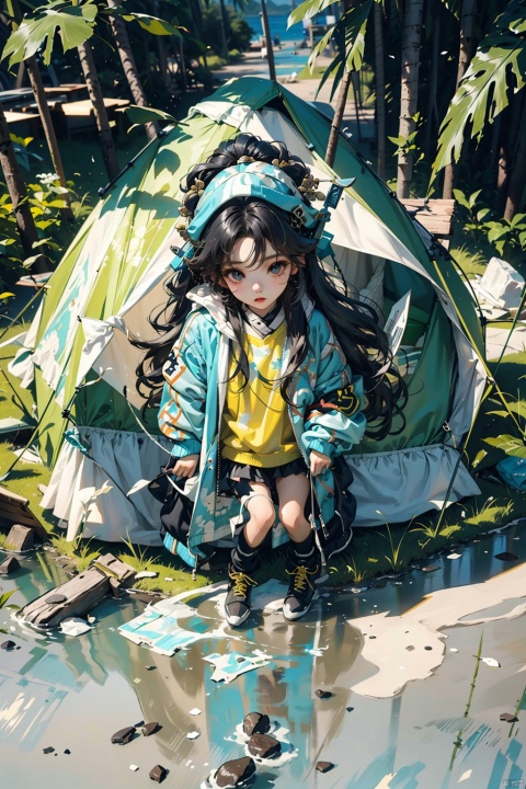  loli,chibi, nai3, long hair, solo,black hair, jacket,, looking at viewer, outdoors,open clothes, full body, transparent jacket, sky,coconut trees,day, open jacket, parted lips, seaside,camping,bonfire,from above, (/qingning/), (\MBTI\), (\ji jian\)