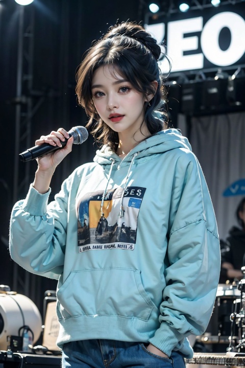  Masterpiece,highest quality,realistic,very fine and fine details,high resolution,8K,
hubg\(haixiaoqiong)\, 1girl, smile,blue hair,hair flower, 
(rock music, microphone, Hoodies, bonfires, stage, lights:1.3), HUBG_Film_Texture, HUBG_Rococo_Style(loanword), (/qingning/), (\MBTI\), babata, ((poakl))