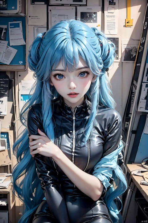  1girl, long hair, bangs, blue eyes, light blue hair, floating hair,Cubist abstraction, the figure of a girl amidst a geometrically fractured workshop, computer parts as the subject of artistic fragmentation, vibrant color palette, low-angle perspective, sharp lines, high-resolution canvas., (/qingning/), (\MBTI\), babata
