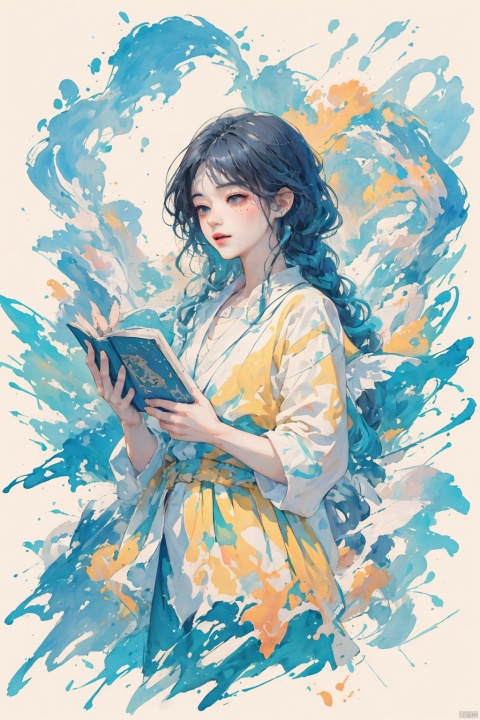  llustration style,dream ,A Sunshine Laughs girl with black hair and black eyes,enlarge Holding a magic and book wand in hand,rainbow Long dress ,Black Braid Fried Dough Twists Braid,8k, clear details, rich picture, nature background, flat color, vector illustration, watercolor, Chinese style, cute girl, Laughs Girl, TT, (/qingning/), (\MBTI\), (\lang lang\), babata, (\shen ming shao nv\), jiqing,wings, ((poakl))