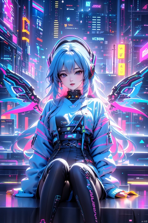  Dreampolis, hyper-detailed digital illustration, cyberpunk, single girl with techsuite hoodie and headphones in the street, neon lights, lighting bar, city, cyberpunk city, film still, backpack, in megapolis, pro-lighting, high-res, masterpiece, (/qingning/), (\MBTI\), (\shen ming shao nv\),wings, babata