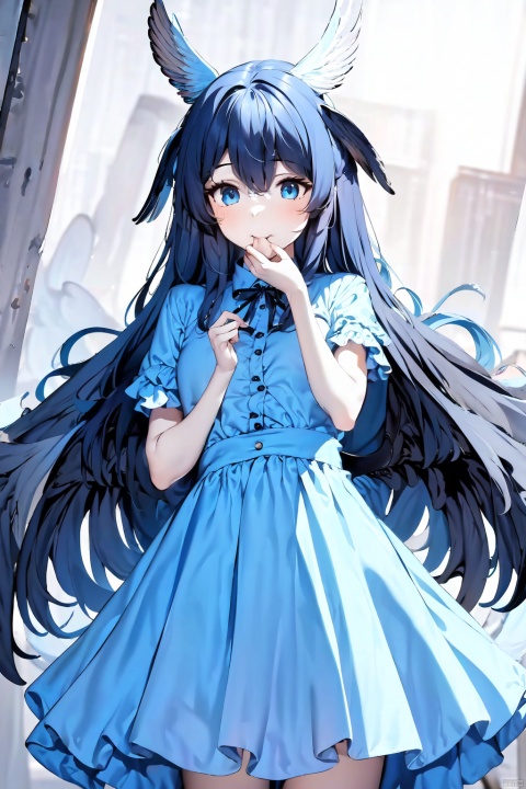  (wings:1.5),best quality, 1girl, animal ears, rabbit ears, solo, dress, blue eyes, hair, long hair, black hair, mouth hold, grey hair, lolita fashion, looking at viewer, (\ji jian\), jiqing, (/qingning/), (\MBTI\), babata, (\meng ze\)