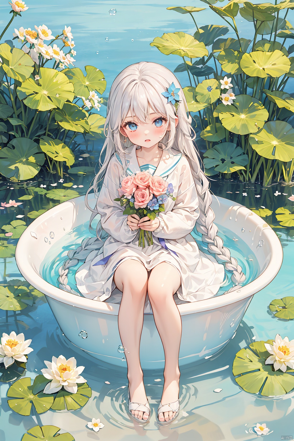  loli,petite,long hair,floating hair,messy hair,1girl,white hair, white jacket,afloat, air bubble, bathtub, beach, berry, blue eyes, blue flower, bouquet, bow, braid, bubble, camellia, caustics, clover, coral, daisy, floral background, flower, food, fruit, hibiscus, horizon, hydrangea, in water, leaf, lily \(flower\), lily of the valley, lily pad, long sleeves, looking at viewer, lotus, ocean, partially submerged, petals on liquid, pink flower,purple flower, rain, red flower, ripples, rose, sailor collar, shallow water, snowflakes, soaking feet, solo, submerged,waves, white rose, yellow flower, (\MBTI\), (/qingning/)