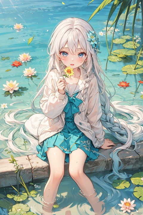  loli,petite,long hair,floating hair,messy hair,1girl,white hair, white jacket,afloat, air bubble, bathtub, beach, berry, blue eyes, blue flower, bouquet, bow, braid, bubble, camellia, caustics, clover, coral, daisy, floral background, flower, food, fruit, hibiscus, horizon, hydrangea, in water, leaf, lily \(flower\), lily of the valley, lily pad, long sleeves, looking at viewer, lotus, ocean, partially submerged, petals on liquid, pink flower,purple flower, rain, red flower, ripples, rose, sailor collar, shallow water, snowflakes, soaking feet, solo, submerged,waves, white rose, yellow flower, (\MBTI\), (/qingning/)