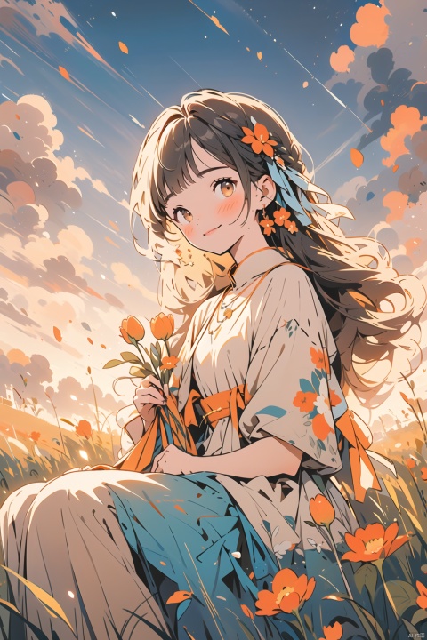  1girl, solo, dress, jewelry, outdoors, hair ornament, long hair, looking at viewer, earrings, sitting, hair flower, holding, blue dress, smile, sky, blush, ribbon, bangs, holding flower, hair ribbon, brown hair, short sleeves, closed mouth, blue ribbon, necklace, sunset, cloud, grass, field, petals, yellow eyes, orange flower, yellow flower, (\MBTI\), (\ji jian\)