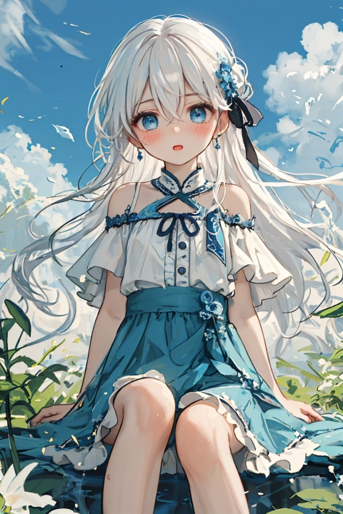  (masterpiece, extremely detailed 8k wallpaper,best quality), (best illumination, best shadow, extremely delicate and beautiful), floating, finely detail, Depth of field (bloom),classic, (illustration), (sketch),(panorama),fog,looking at viewer,(solo),
1girl,loli,outdoor
detailed eyes,perfect face,
1girl, solo ,blue eyes , very long hair ,(white hair) ,hair between eyes ,floating hair,hair ribbon,
long dress,off shoulder,frills,skirt,highthigh
(blush),((legloops)),smallass,
(秋水共长天一色), (/qingning/), (\MBTI\)