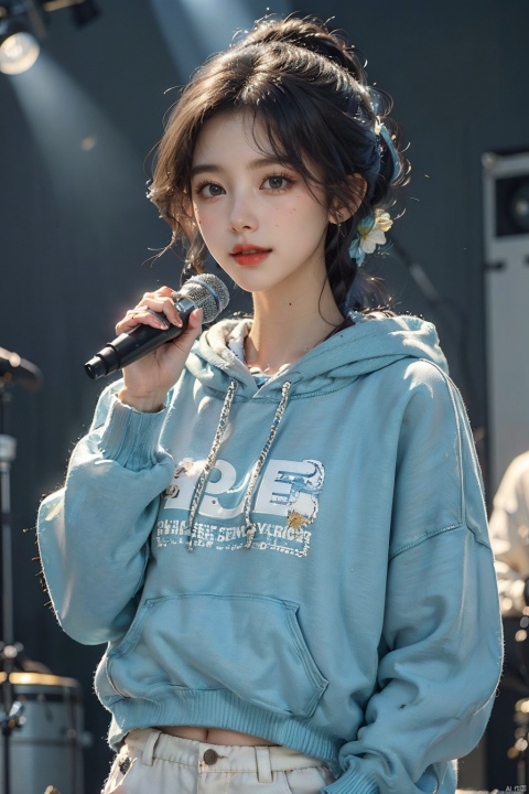  Masterpiece,highest quality,realistic,very fine and fine details,high resolution,8K,
hubg\(haixiaoqiong)\, 1girl, smile,blue hair,hair flower, 
(rock music, microphone, Hoodies, bonfires, stage, lights:1.3), HUBG_Film_Texture, HUBG_Rococo_Style(loanword), (/qingning/), (\MBTI\), babata, ((poakl))